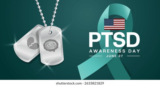 June 27 is National Ptsd Awareness Day. American flag, military tag, brain, heart and ribbon. Great for posters, banners and social media. Green background.