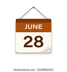 June 28, Calendar icon with shadow. Day, month. Meeting appointment time. Event schedule date. Flat vector illustration. 