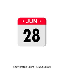 June 28 - Calendar Icon. Summer days of the year. Calendar Icon with shadow. Flat style. Date, day and month. Reminder. Vector illustration. Organizer application, app symbol. Ui. User interface sign.