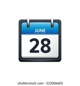 June 28. Calendar icon.Vector illustration,flat style.Month and date.Sunday,Monday,Tuesday,Wednesday,Thursday,Friday,Saturday.Week,weekend,red letter day. 2017,2018 year.Holidays.