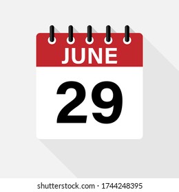 June 29  Calendar Icon. Calendar Icon with shadow. Flat style. Date, day and month.
