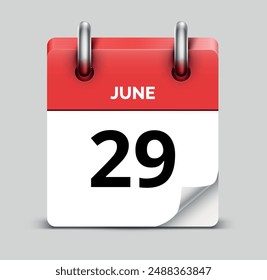 June 29 daily realistic red calendar icon date vector image
