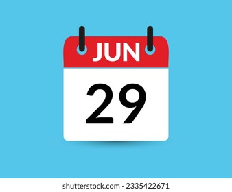 29 de junio. Calendario de icono plano aislado en fondo azul. Ilustración vectorial de fecha y mes
