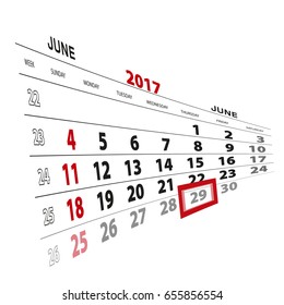 June 29, highlighted on 2017 calendar. Vector Illustration.