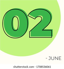June 2nd Modern calendar isolated on white background. Vector illustration. Green colors 