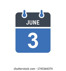 June 3 Calendar Date Icon, Event Date Icon, Calendar Date, Icon Design Vector Graphic