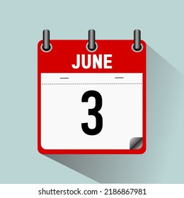June 3, calendar icon vector illustration, isoleted on light blue background.