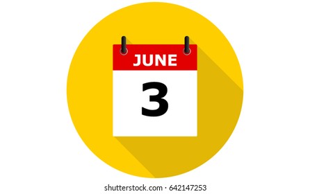 june 3 calendar vector yellow flat icon with long shadow