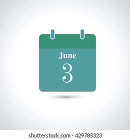 june 3. Vector flat daily calendar icon.