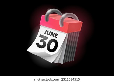 June 30 3d calendar icon with date isolated on black background. Can be used in isolation on any design.