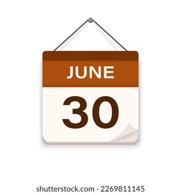 June 30, Calendar icon with shadow. Day, month. Meeting appointment time. Event schedule date. Flat vector illustration. 