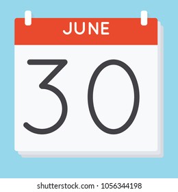 June 30. Calendar icon. Vector illustration in flat design isolated in blue background. Date and time, day, month.
