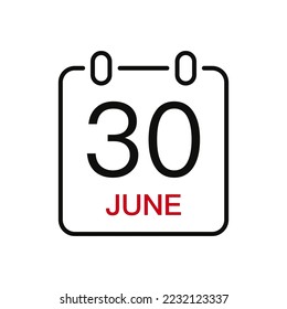 June 30 date on the calendar, vector line stroke icon for user interface. Calendar with date, vector illustration.