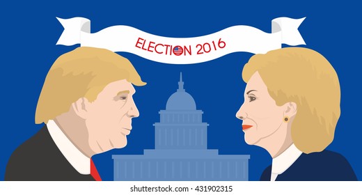 June 5, 2016: A Vector Illustration Shows Democrat Presidential Candidate And US Secretary Of State Hillary Clinton And The USA President Donald Trump On United States Capitol Background