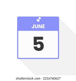 June 5 calendar icon. Date,  Month calendar icon vector illustration