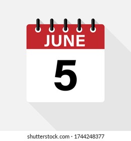 June 5  Calendar Icon. Calendar Icon with shadow. Flat style. Date, day and month.