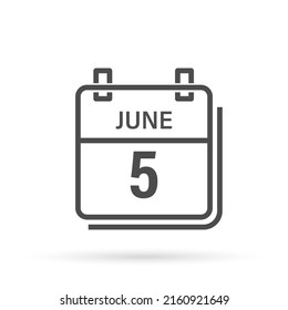 June 5, Calendar icon with shadow. Day, month. Flat vector illustration.