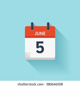 June 5 . Calendar icon.Vector illustration,flat style.Date,day of month:Sunday,Monday,Tuesday,Wednesday,Thursday,Friday,Saturday.Weekend,red letter day.Calendar for 2017 year.Holidays in June.
