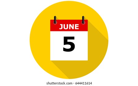 june 5 calendar vector yellow flat icon with long shadow