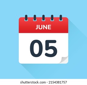 June 5, Five of the month. Vector flat design of daily calendar icon. Date and day of the year.