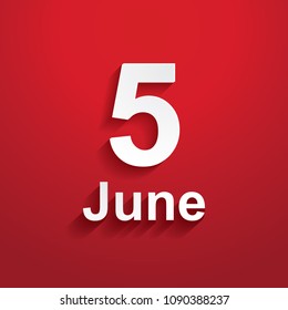 June 5 lettering paper cut style on a red background 3D effect illustration vector