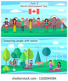 June 5 world environment day poster with flag of Canada, connecting people with nature set of posters dedicated to clean ecology holiday WED vector