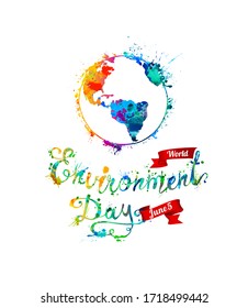 5 de junio. Día Mundial del Medio Ambiente.  Tarjeta navideña vectorial. Palabras de pintura con salpicaduras escritas a mano