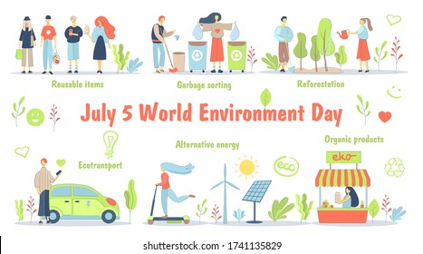 June 5, World Environment Day. Vector illustration for banner. Windmill, reforestation, use of alternative energy sources. Conscious consumption, mindfulness, sorting and recycling.. Ecological lifest