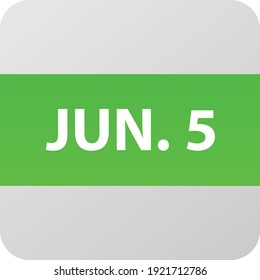 Icono de fecha 5 de junio, ilustración vectorial de un solo día estilo plano moderno. Elemento Calendar para diseño web, planificación, organizador. 
