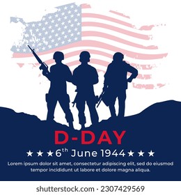 6 jun. 1944. D-Day con Silhouette Soldier y la ilustración vectorial de la bandera de los Estados Unidos. Adecuado para tarjeta de saludo, afiche y banner