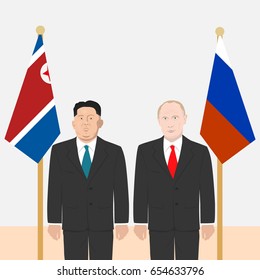 June 6, 2017: editorial vector illustration of the Russian Federation President Vladimir Putin and the supreme leader of the North Korea Kim Jong-un on flags background.