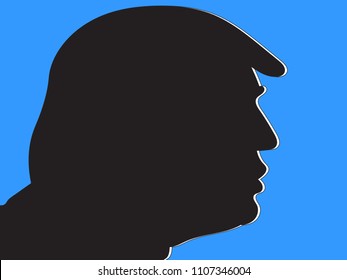 JUNE 6 2018: Flat vector profile illustration of Donald Trump on light blue background, editorial use