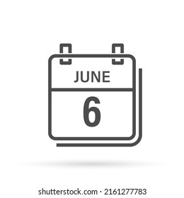 6 de junio, icono del calendario con sombra. Día, mes. Ilustración vectorial plana.