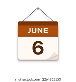 June 6, Calendar icon with shadow. Day, month. Meeting appointment time. Event schedule date. Flat vector illustration. 