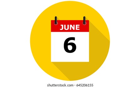 june 6 calendar vector yellow flat icon with long shadow