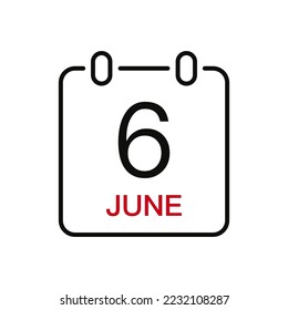 June 6 date on the calendar, vector line stroke icon for user interface. Calendar with date, vector illustration.