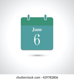 june 6. Vector flat daily calendar icon.
