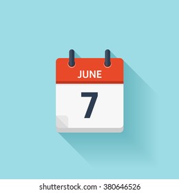 June  7. Calendar icon.Vector illustration,flat style.Date,day of month:Sunday,Monday,Tuesday,Wednesday,Thursday,Friday,Saturday.Weekend,red letter day.Calendar for 2017 year.Holidays in June.