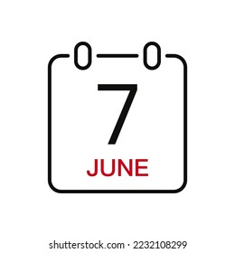 Fecha del 7 de junio en el calendario, icono de trazo de línea vectorial para la interfaz de usuario. Calendario con fecha, ilustración vectorial.