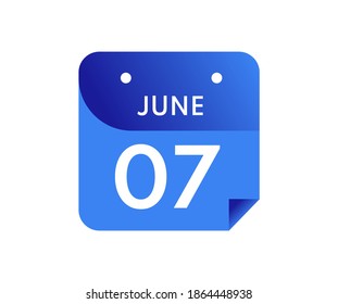 June 7 Date on a Single Day Calendar in Flat Style, 7 June calendar icon