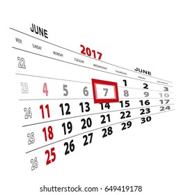 June 7, highlighted on 2017 calendar. Vector Illustration.