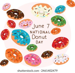 June 7 is National donut day Vector illustration. 
Good for banner, poster, greeting card, party card, invitation, template, advertising, campaign, and social media. 
