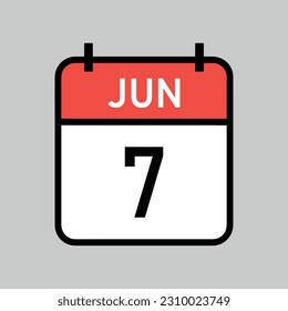 7 de junio, página del calendario de color rojo y blanco con contorno negro, ilustración vectorial de fecha de calendario