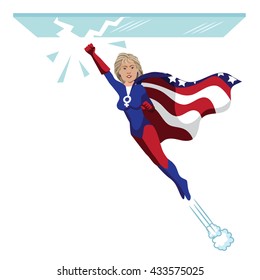 JUNE 8, 2016: Illustrative Editorial Cartoon Of Hillary Clinton As A Feminist Super Hero Shattering The Glass Ceiling. EPS 10 Vector.