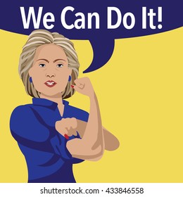 JUNE 8, 2016: Illustrative Editorial Cartoon Of Hillary Clinton As Rosie The Riveter. EPS 10 Vector.