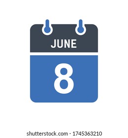 8 de junio Icono de fecha de calendario, icono de fecha de evento, fecha de calendario, gráfico de vectores de diseño de iconos