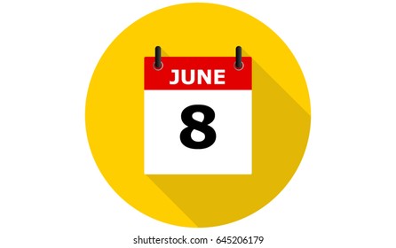 june 8 calendar vector yellow flat icon with long shadow