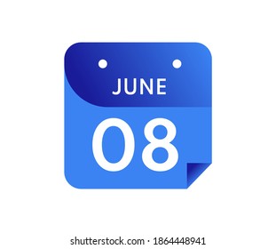June 8 Date on a Single Day Calendar in Flat Style, 8 June calendar icon