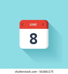 June 8. Isometric Calendar Icon With Shadow.Vector Illustration,Flat Style.Month and Date.Sunday,Monday,Tuesday,Wednesday,Thursday,Friday,Saturday.Week,Weekend,Red Letter Day. Holidays 2017.