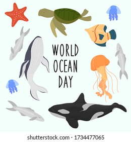 June 8 World Oceans Day. Poster, banner, card. Hand drawn vector flat illustration. Whale, jellyfish, fish, turtle.